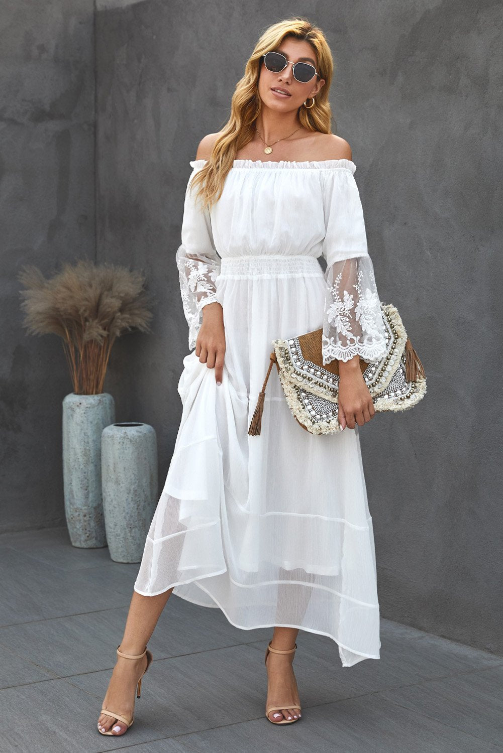 Off Shoulder Embroidered Flared Sleeve Lace Maxi Dress