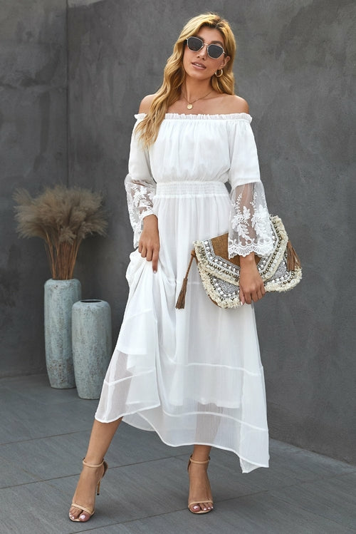 Off Shoulder Embroidered Flared Sleeve Lace Maxi Dress