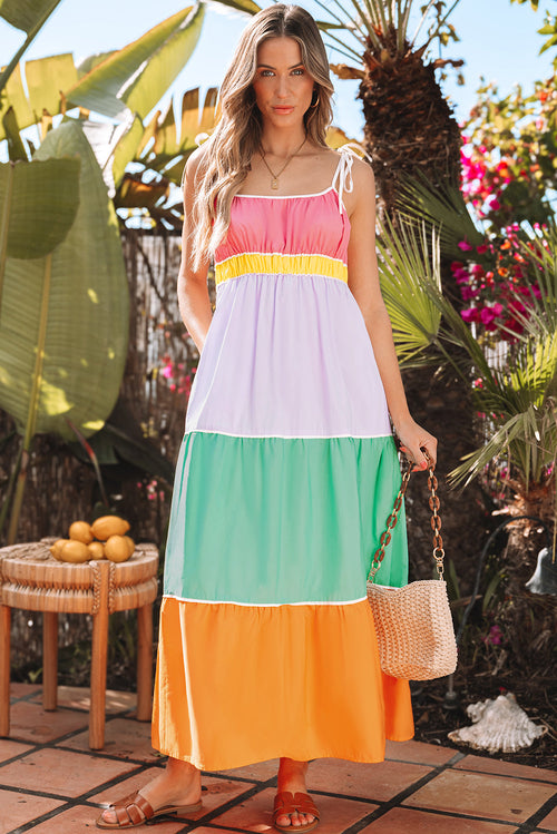 Colorblock Self-Tie Straps Pocketed Flowy Maxi Dress