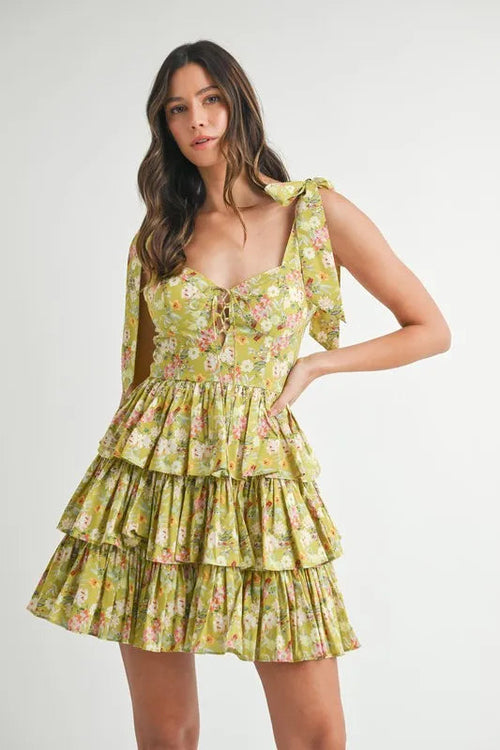 MABLE Floral Print Shoulder Tie Layered Mini Dress