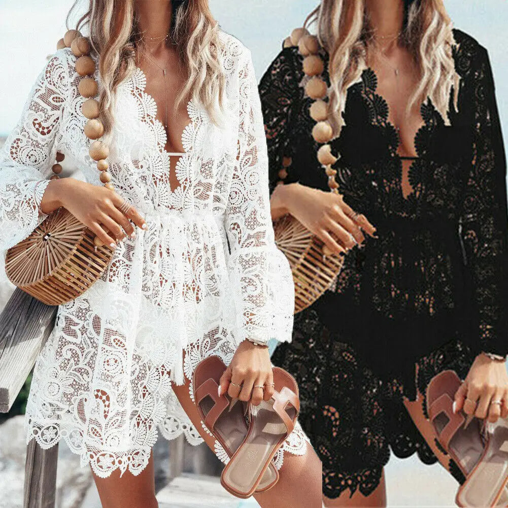 Hot Sale Women Sexy V-neck Lace Beach Bikini Cover Up Female Boho