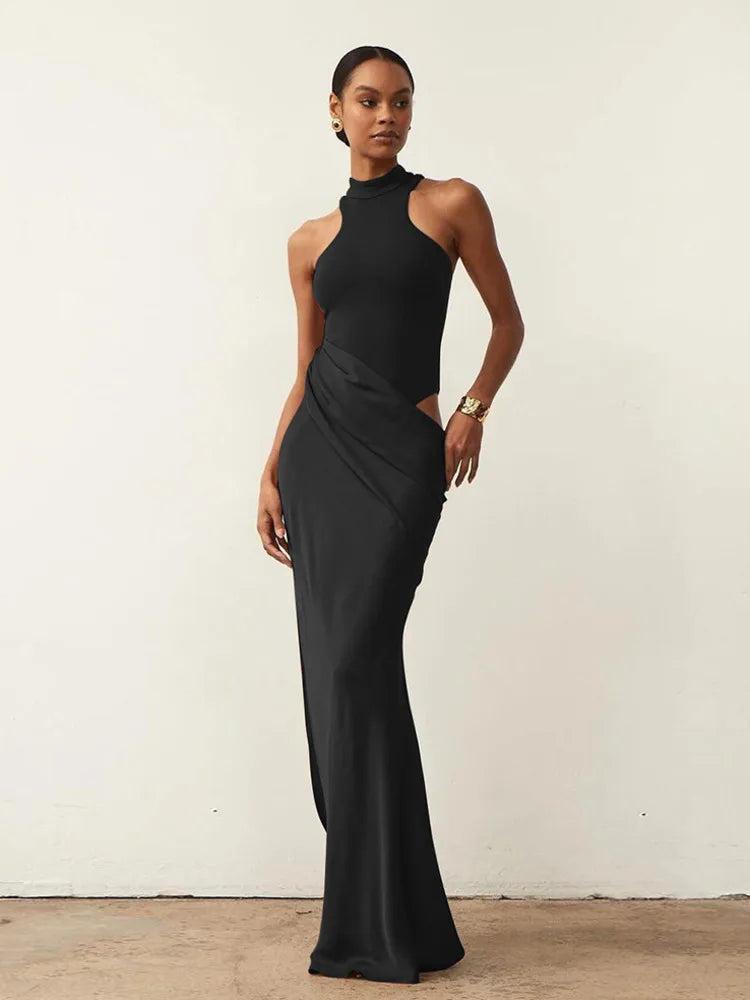 JULISSA MO Satin Sexy Hollow Out Women Maxi Dress Black Sleeveless