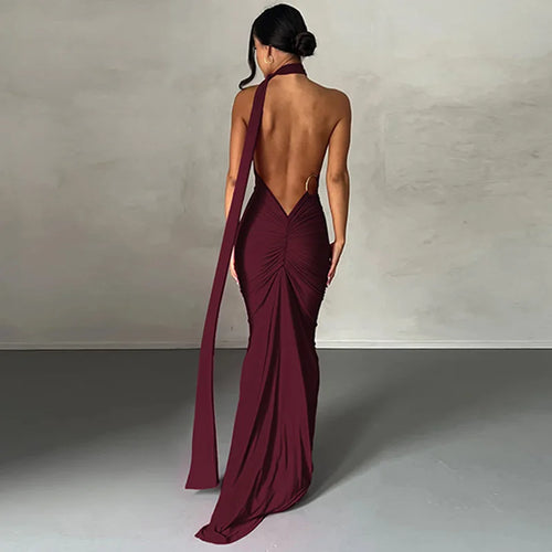 Dulzura One Shoulder Backless Ruched Slim Ribbon Long Dress Women