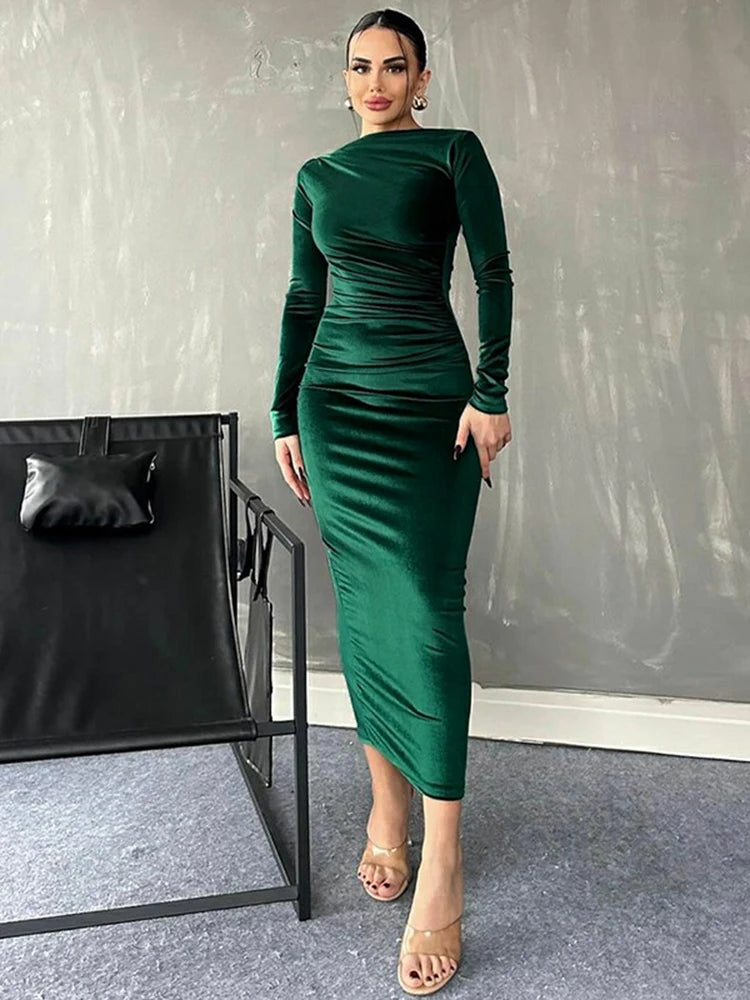 Dulzura 2024 Spring Summer Velvet Long Sleeve Midi Dress For Women