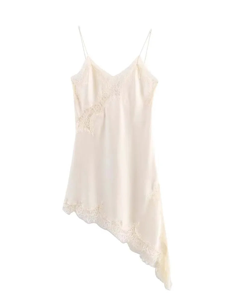 Women Fashion Sexy V-Neck Lace Elegant Halter Dress Asymmetric Hem