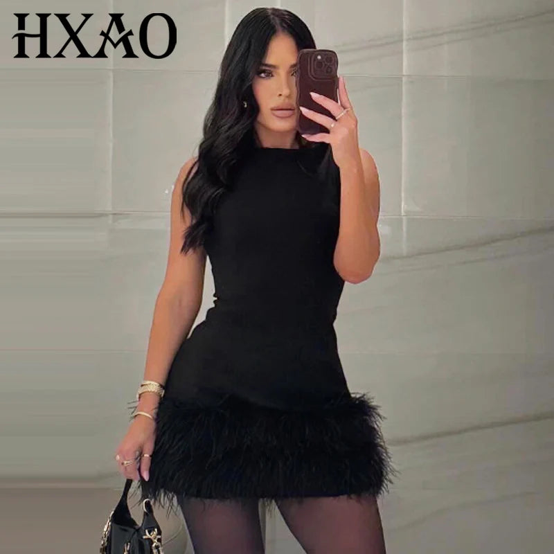 HXAO Black Feather Dress Womens Dresses Autumn 2025 Elegant Party