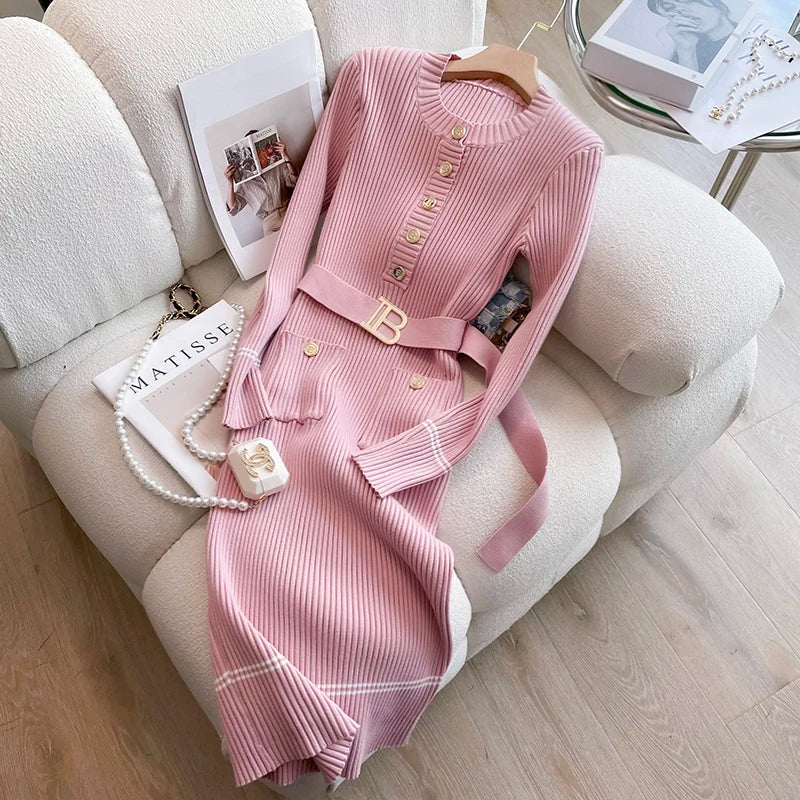 YuooMuoo 2023 Autumn Winter Women Knitted Dress Brand Fashion O-neck