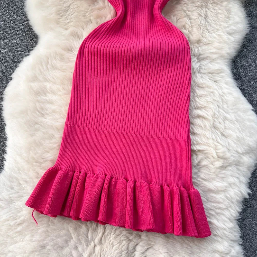 Summer Knitted Bodycon Sexy Dress 2026 O Neck Sleeveless Ruffled Party
