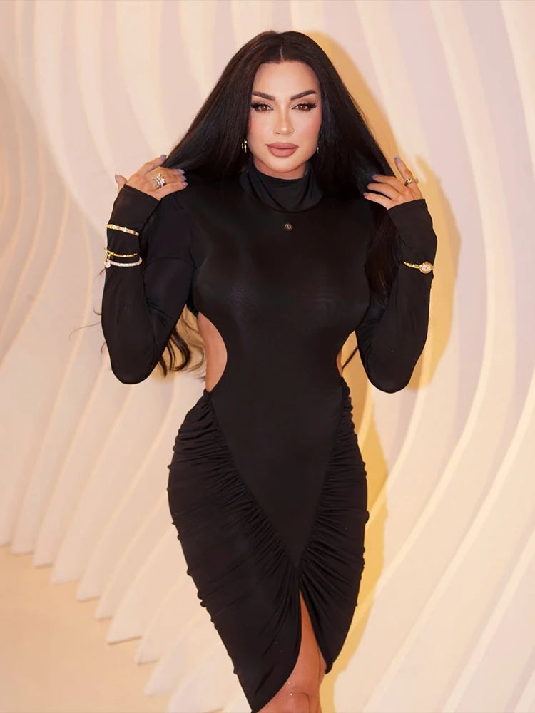 Sisterlinda Ruched Elegant Dress Women Autumn Turtleneck Full Sleeve