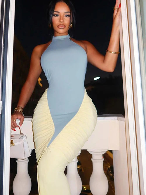 Weird Puss Ruched Maxi Dress Women Sexy Color Blocking Halter Backless