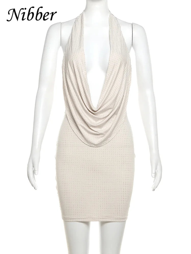 Nibber Diamond Pasted Solid Color Mini Dress Women Fashion Deep V-neck
