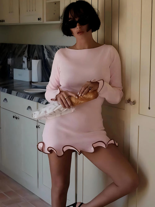 Dulzura O-Neck Long Sleeves Ruffles Patchwork Bodycon Mini Dress Sexy