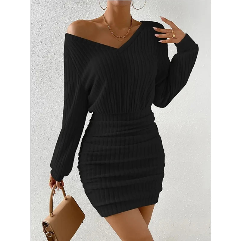 Women's Autumn Winter Knitted Sweater Mini Dress Female Casual Solid