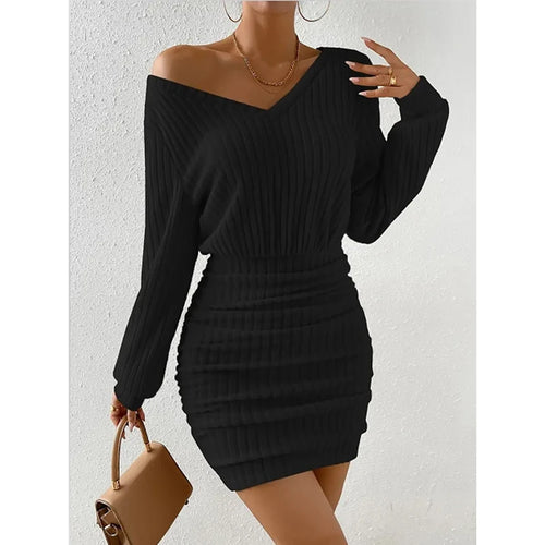 Women's Autumn Winter Knitted Sweater Mini Dress Female Casual Solid