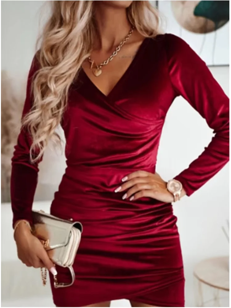 Lady Bodycon Solid Color Velvet Dress Women V-Neck Long Sleeved Mini