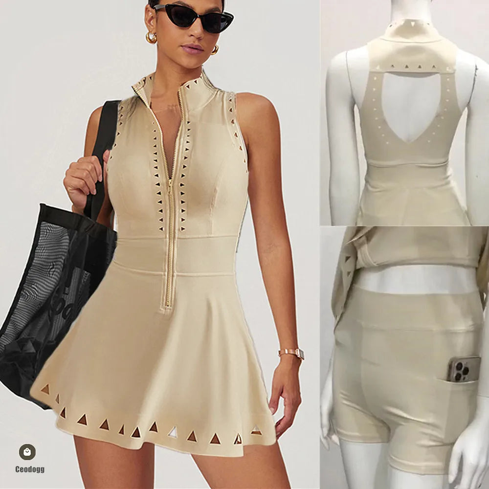 2PCS Anti Shorts Zipper High Neck Yoga Set Fitness Tennis Skirt Dress