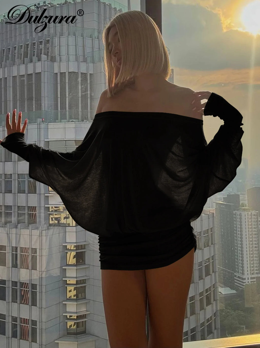 Dulzura Off Shoulder Long Sleeves Ruched Patchwork Mini Dress Women’S