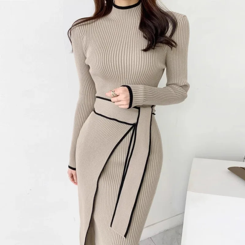 YuooMuoo Elegant Lace Up Turtleneck Knitted Long Dress Korean Fashion