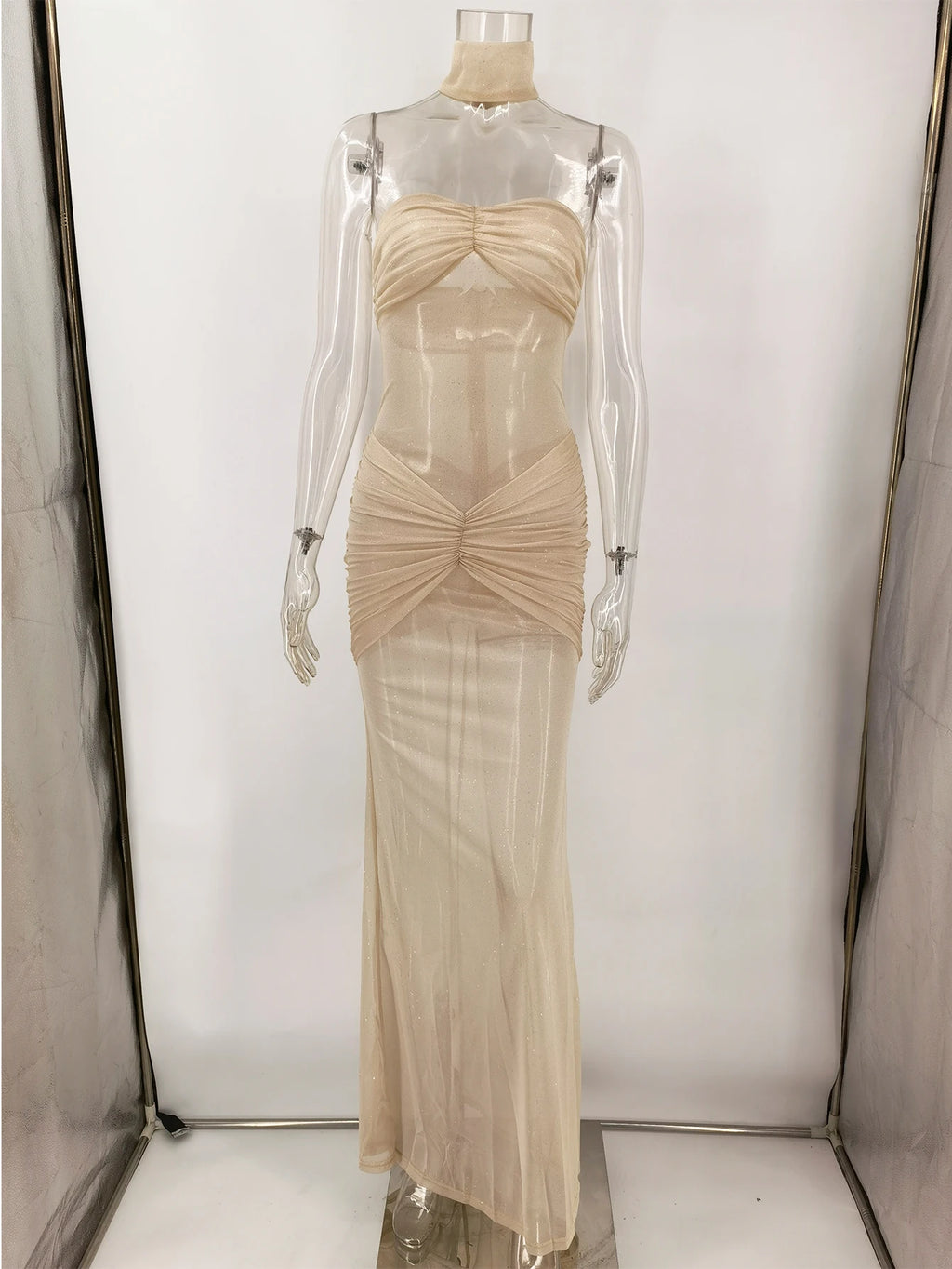 Sexy see through Gauze maxi sequin summer dress women elegant backless