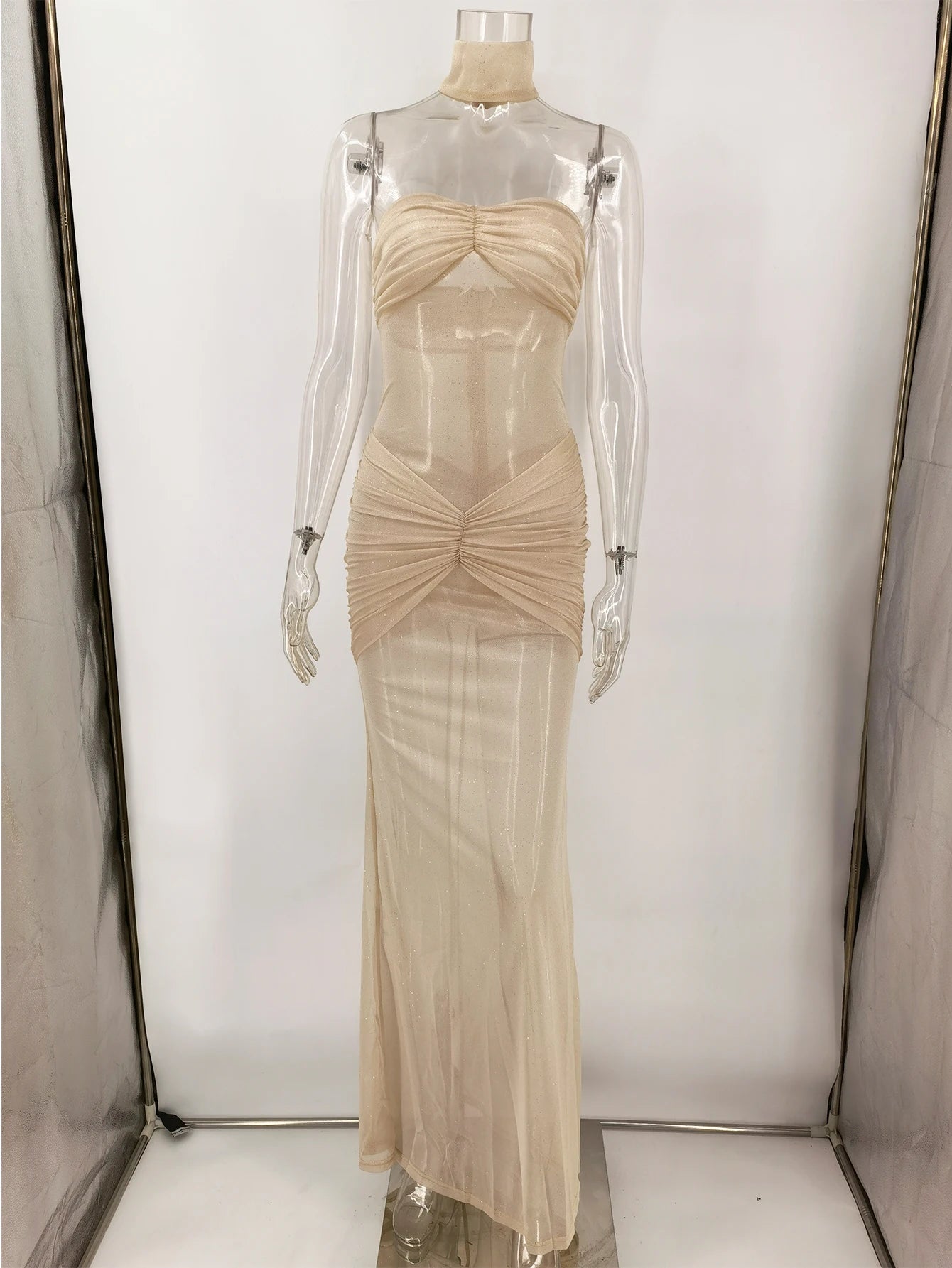 Sexy see through Gauze maxi sequin summer dress women elegant backless