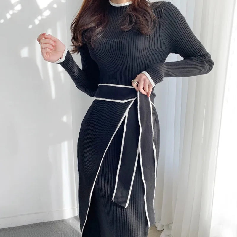 YuooMuoo Elegant Lace Up Turtleneck Knitted Long Dress Korean Fashion