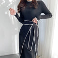 YuooMuoo Elegant Lace Up Turtleneck Knitted Long Dress Korean Fashion