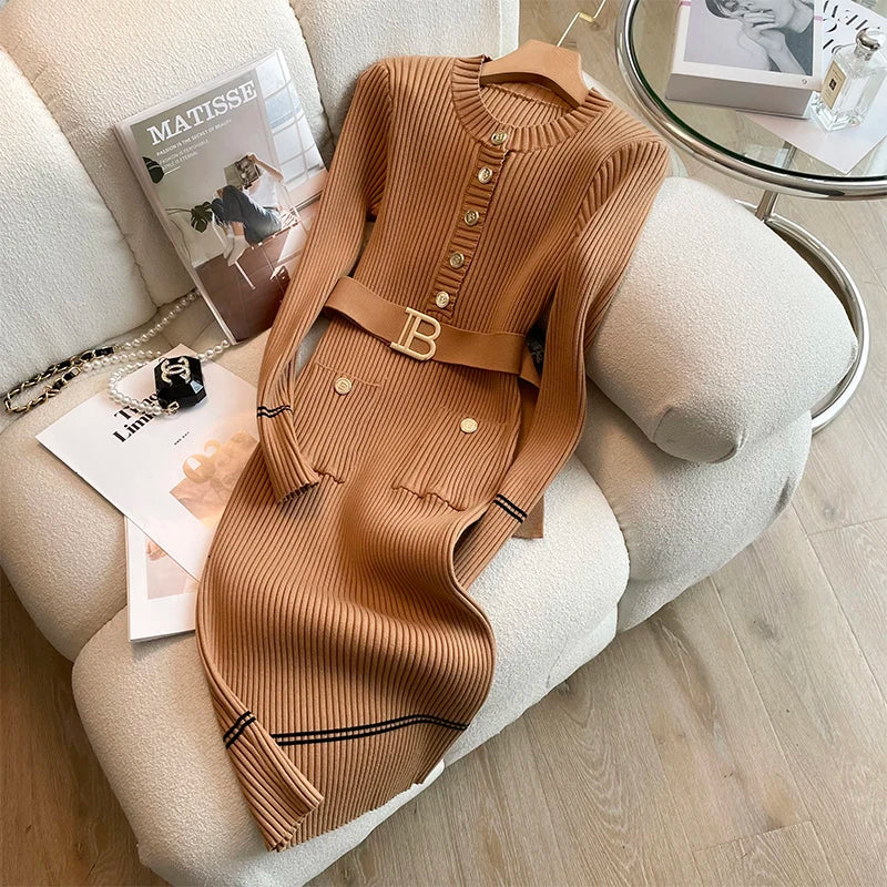 YuooMuoo 2023 Autumn Winter Women Knitted Dress Brand Fashion O-neck