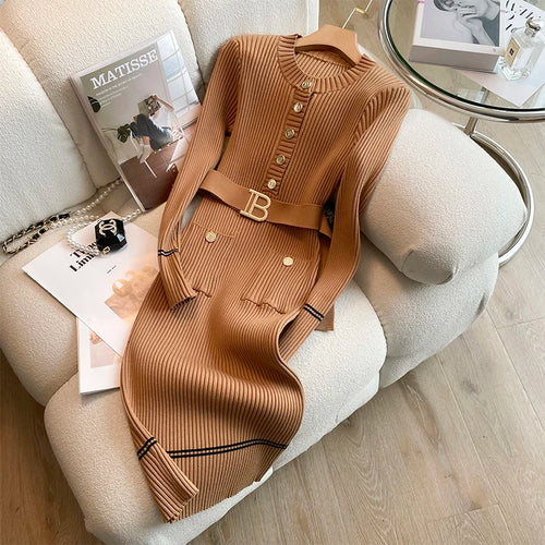YuooMuoo 2023 Autumn Winter Women Knitted Dress Brand Fashion O-neck