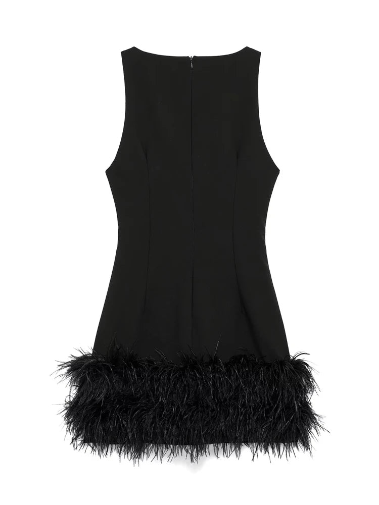 MUJER 2025 Feather Mini Dress Women Black Sleeveless Corset Dress