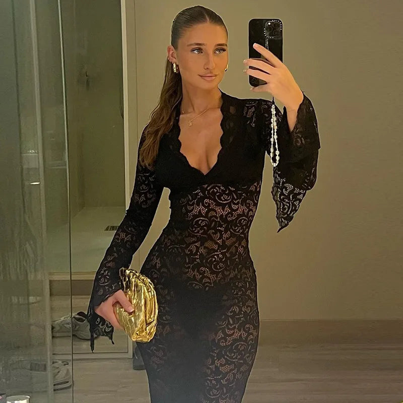 Cryptographic Lace Transparent Sexy Hollow Out Maxi Dress Elegant