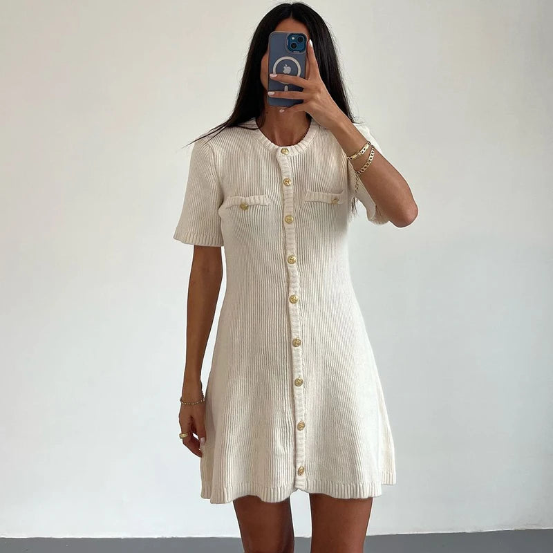 White Elegant Knitted Mini Dress For Women Metal Button Sexy Slim Rib