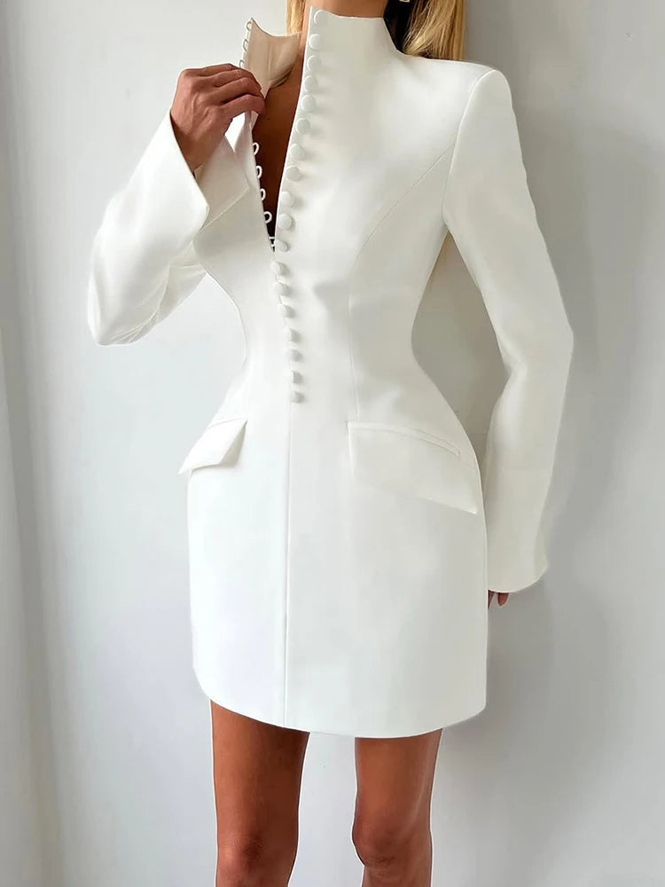 Kliou Office Style Mini Dress Woman Stand Collar Full Sleeve Button