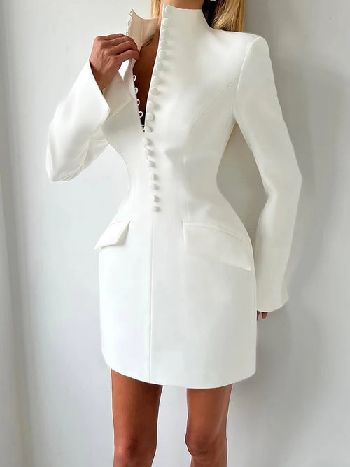 Kliou Office Style Mini Dress Woman Stand Collar Full Sleeve Button