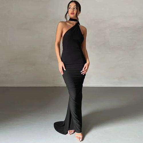 Dulzura One Shoulder Backless Ruched Slim Ribbon Long Dress Women