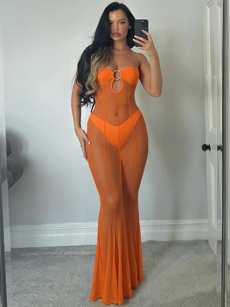 Nibber Elegant Maxi Mesh Dress Women Fashion Sexy See-through Lady