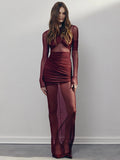 Mozision Mesh Ruched Sexy Maxi Dress For Women Fashion Zipper