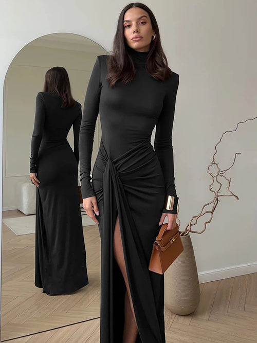 Mozision Turtleneck Thigh High Split Sexy Maxi Dress For Women Fashion