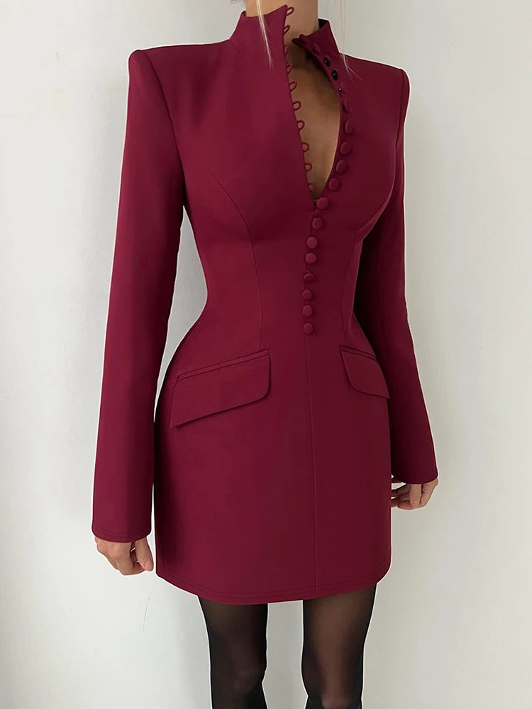 Kliou Office Style Mini Dress Woman Stand Collar Full Sleeve Button