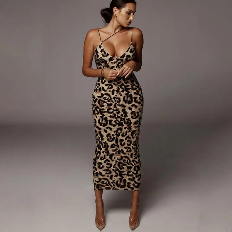 Summer Sexy Leopard Sleeveless Elegant Dress Women Clothing Female