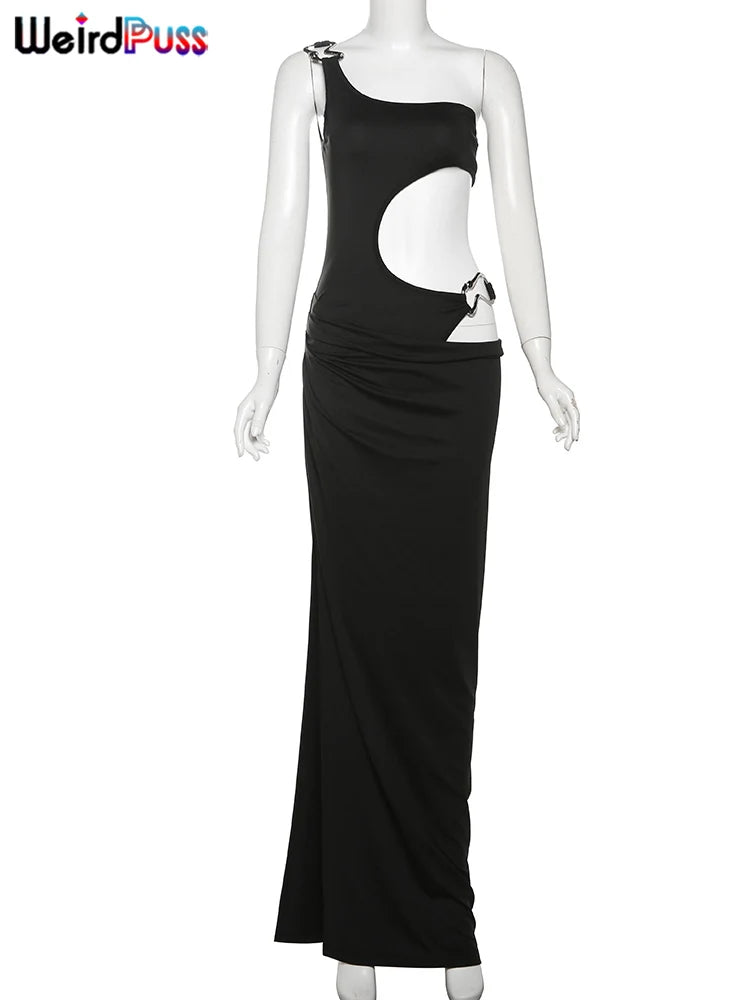Weird Puss Metal Buckle Dress Women Irregular Hollow Split One