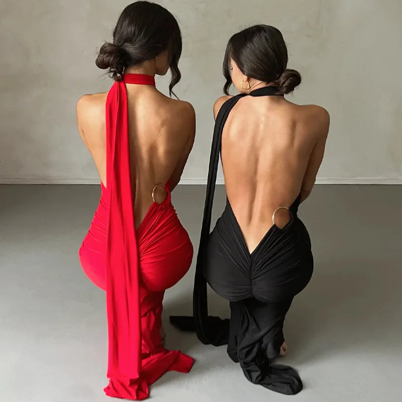 Dulzura One Shoulder Backless Ruched Slim Ribbon Long Dress Women