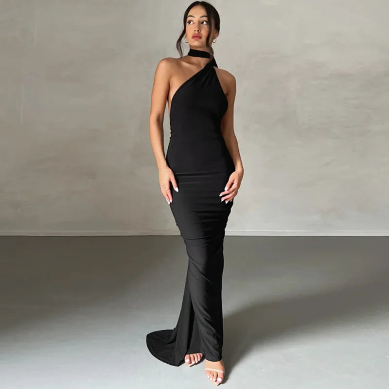 Dulzura One Shoulder Backless Ruched Slim Ribbon Long Dress Women