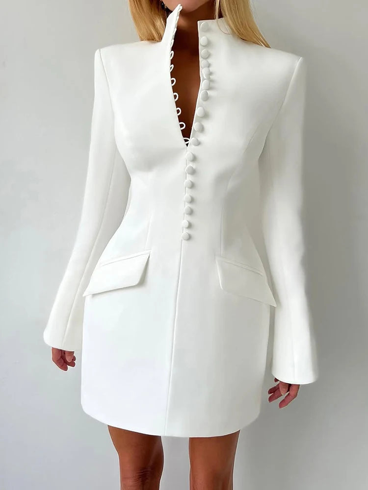 Kliou Office Style Mini Dress Woman Stand Collar Full Sleeve Button