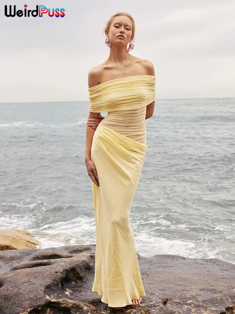 Weird Puss Ruched Irregular Dress Women Mesh Patchwork Slash Neck