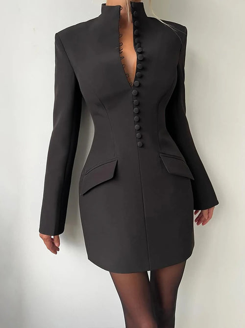 Kliou Office Style Mini Dress Woman Stand Collar Full Sleeve Button