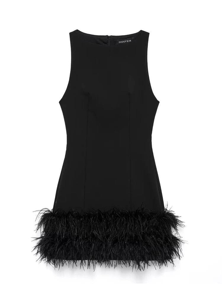 MUJER 2025 Feather Mini Dress Women Black Sleeveless Corset Dress