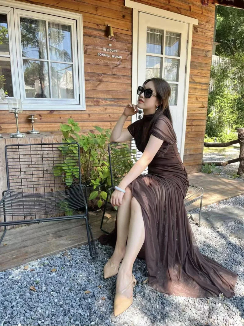 ETJ 2025 new women's party sexy see-through long dress fashion silk