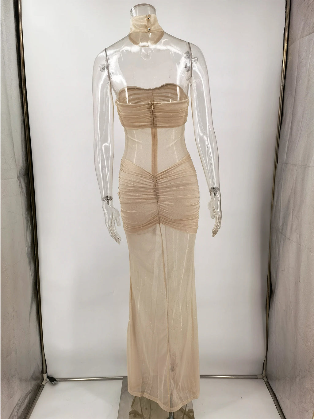 Sexy see through Gauze maxi sequin summer dress women elegant backless