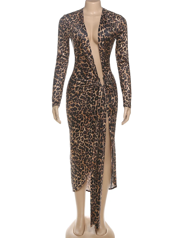 Weird Puss Leopard Print Women Dress Y2K Sexy Deep V-Neck Ruched