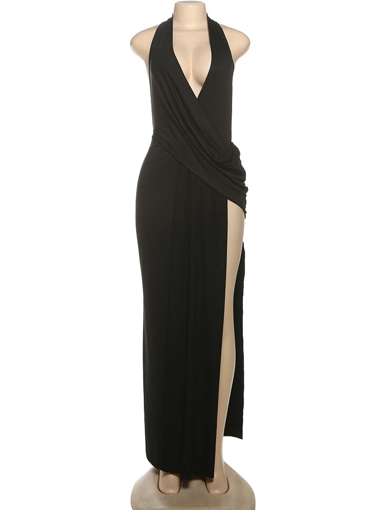 Sisterlinda Sexy High Splits Long Dress Women Halter Deep V-Neck